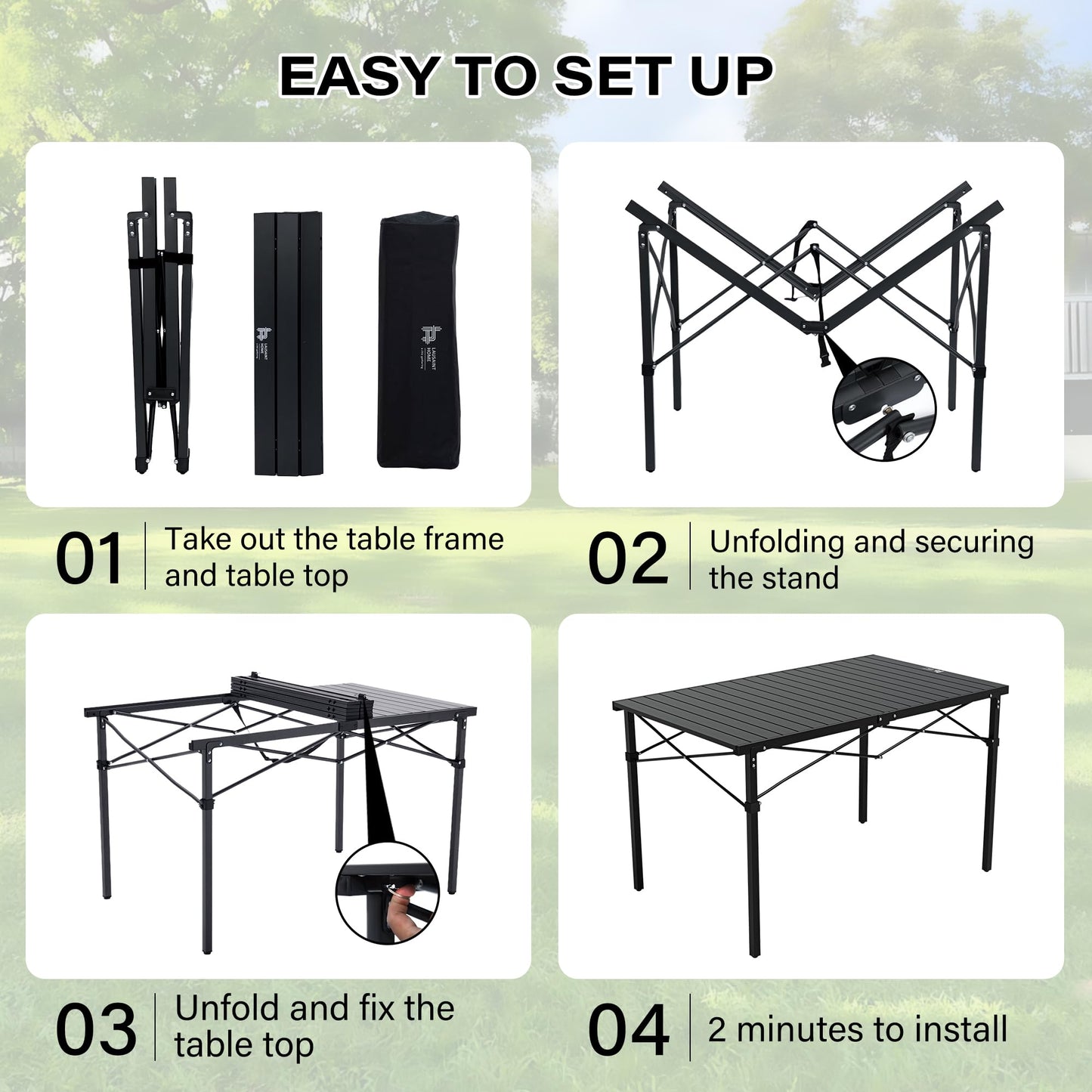 OUTSIDER Folding Camping Table with Aluminum Roll-up Tabletop Portable Lightweight Beach Table with Carry Bag for Outdoor Cooking, Picnic, BBQ, Travel, Backyard, Black, 46" x 28"