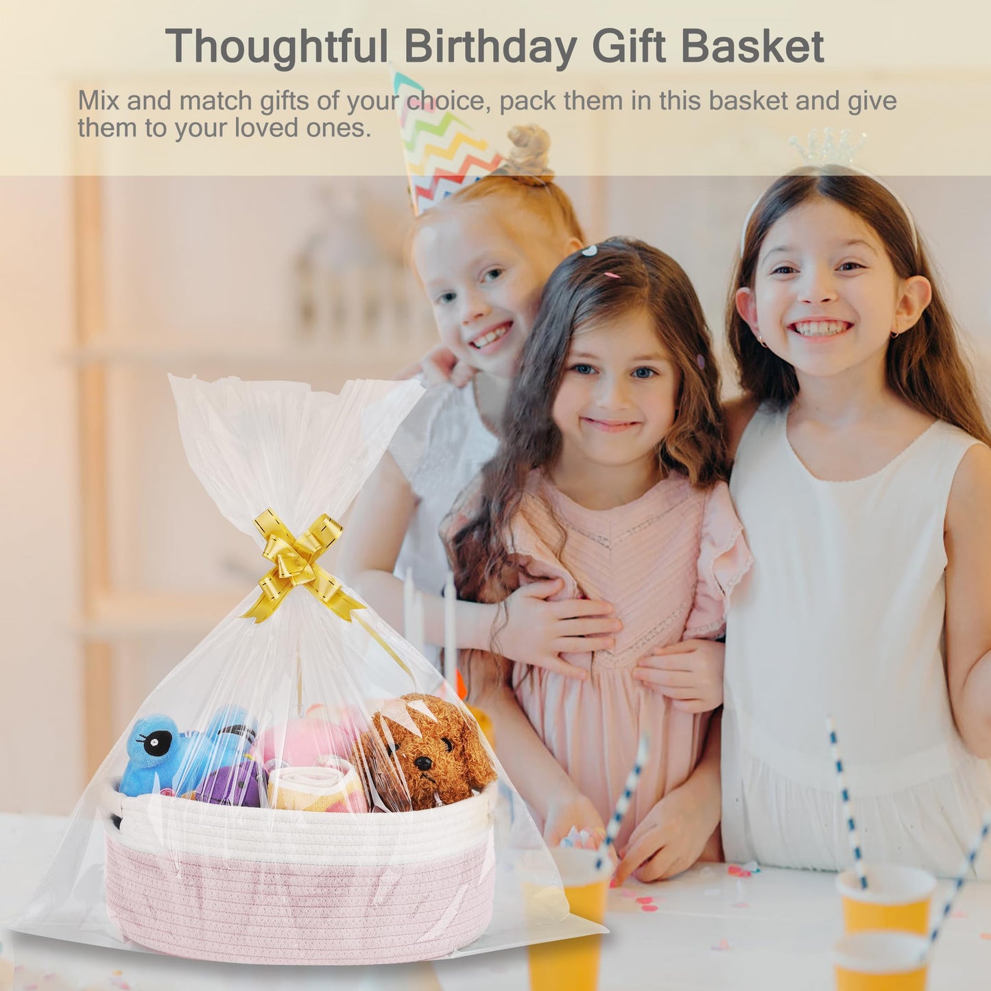 BOSROTY Small Woven Basket with Gift Bags and Ribbons, Empty Baby Gift Baskets, Shelf Storage, Small Cat Dog Pet Toy Boxes, 13”x 9”x 5.5”, Light Pink