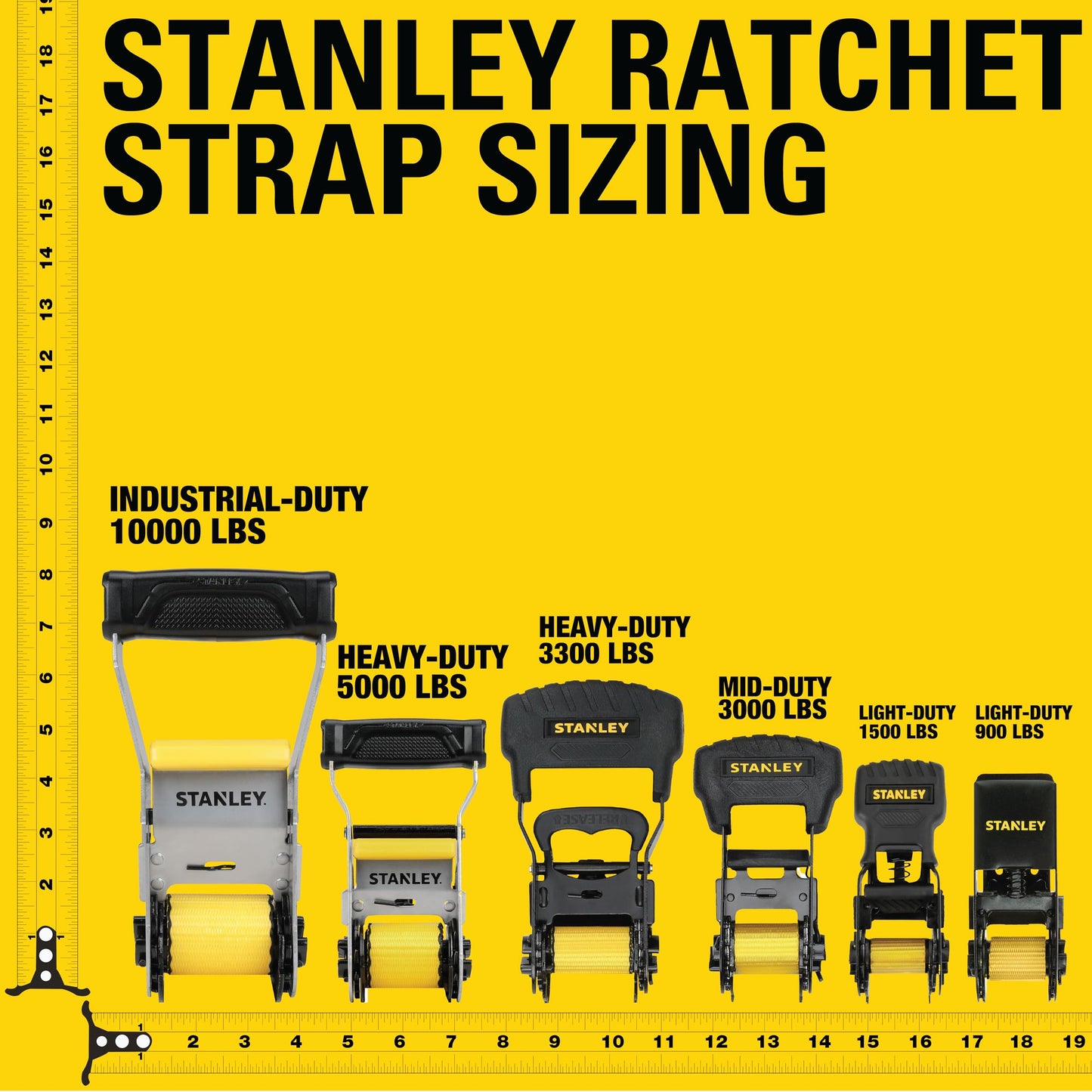 STANLEY S9500 Black/Yellow 1" x 10' Ratchet Straps - Light Cargo (300 lb Working Load / 900 lb Break Strength), 4 Pack