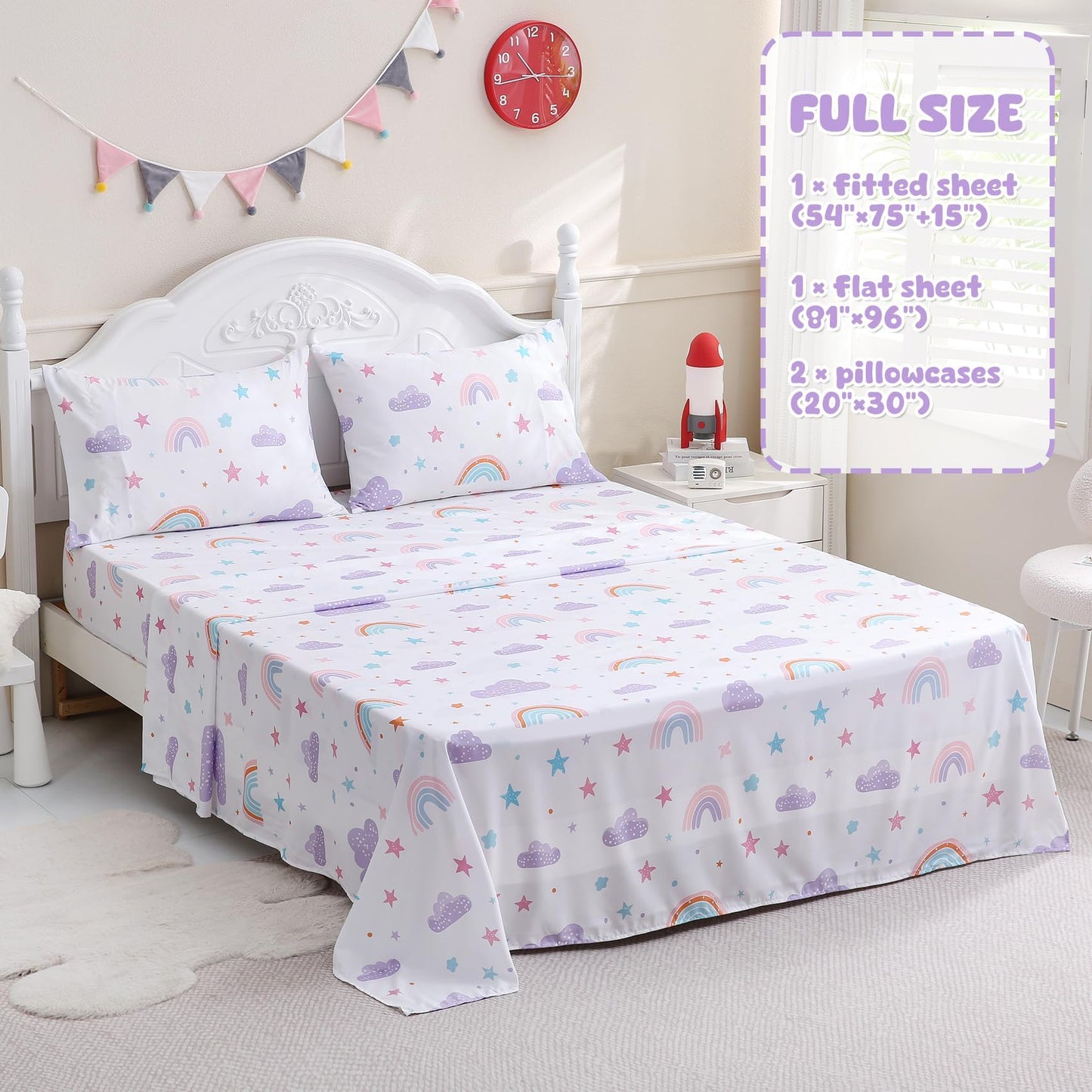 Ocharo Full Size Rainbow Bed Sheets for Girls Kids- Soft Microfiber Stars Printed Sheet Set 4 Pieces with Deep Pockets,Breathable & Fade Resistant Purple Pink Clouds Bedding Set