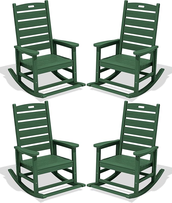SERWALL Outdoor Rocking Chair Set of 4, Oversized HDPE Patio Rocking Chair with Footrest for Adults, All Weather Porch Rocker for Deck Patio Balcony, Green