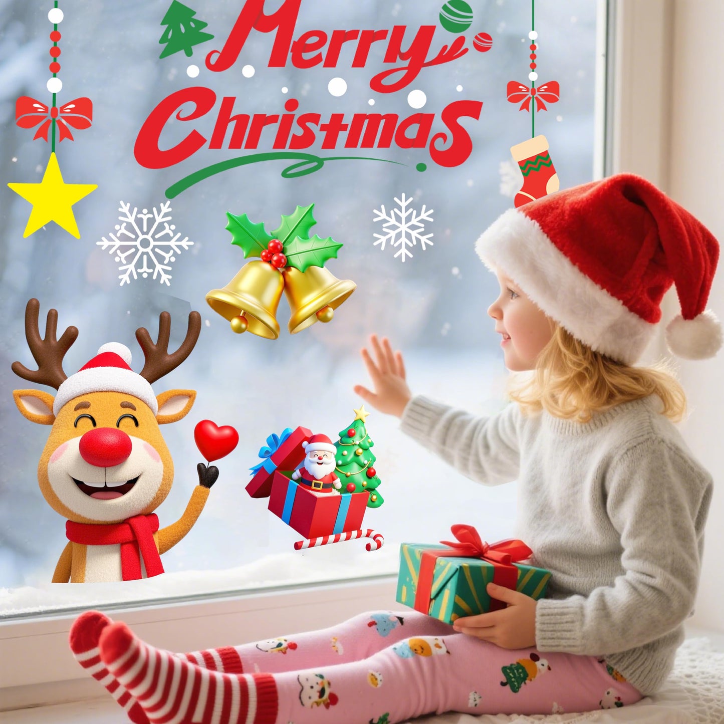 T&W SAME FILM 117 PCS Christmas Window Clings Stickers for Glass, Window, Car Decor, Xmas Decals Decorations Holiday Snowflake Santa Claus Reindeer Decals for Party, Reusable