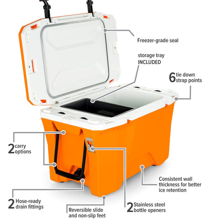 Camco Currituck Tangerine and White 30 Quart Cooler - Rugged Exterior Made for Camping, Hunting, Fishing and Tailgating - Comes with Cooler Basket (51757)