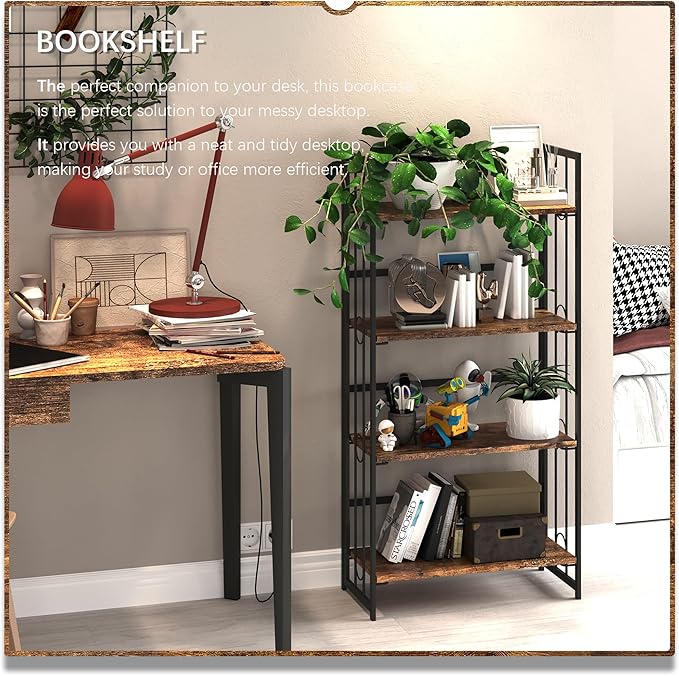 4NM No Assembly 4 Tiers Folding Bookshelf, 47.2" H Foldable Storage Shelves