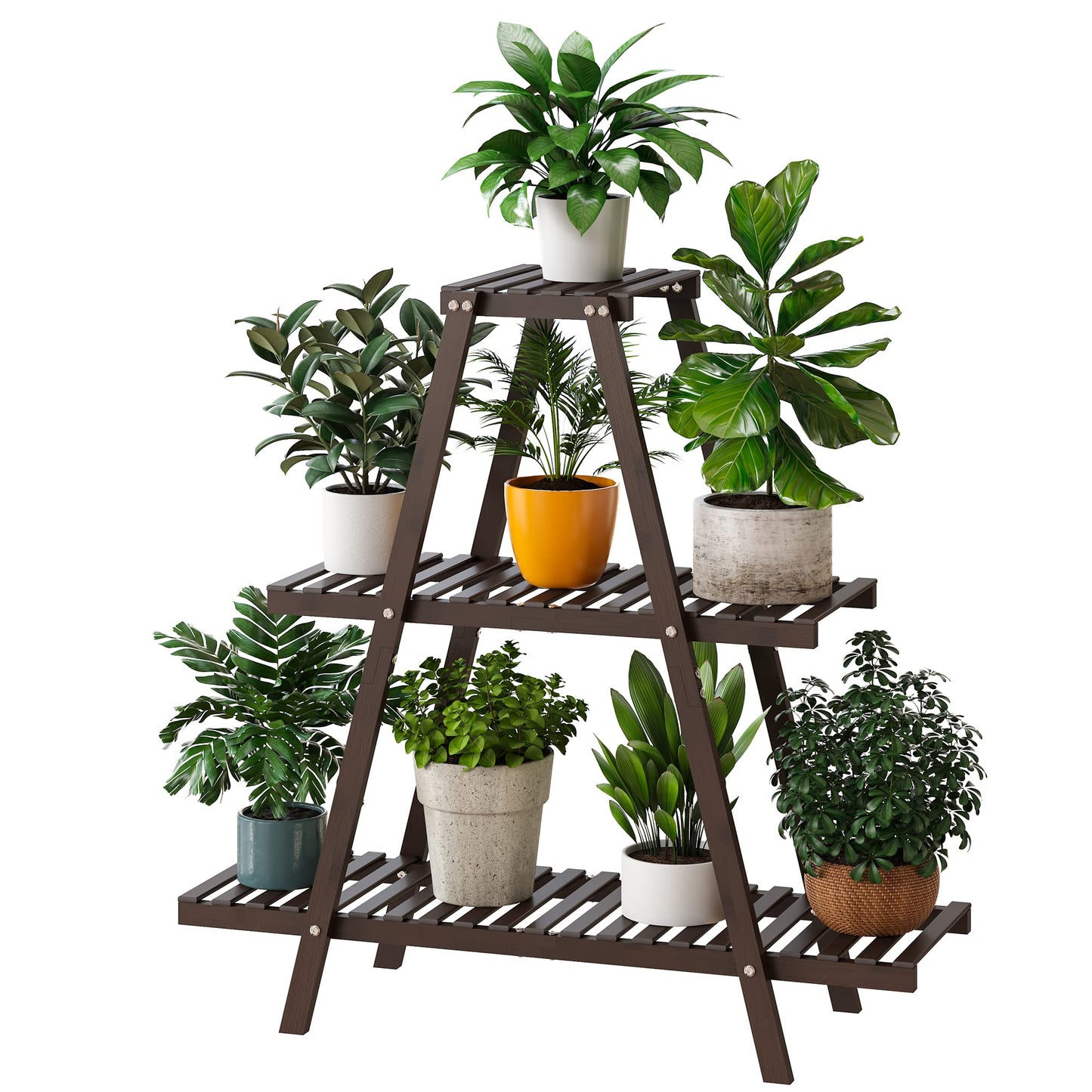 Furshus Plant Stand Indoor, Outdoor bamboo Plant Rack for Multiple Plants, 3 Tier 8 Potted Flower Holder Ladder,Plant Shelf Ladder Table Plant Pot Stand for Living Room, Patio, Balcony (Brown)