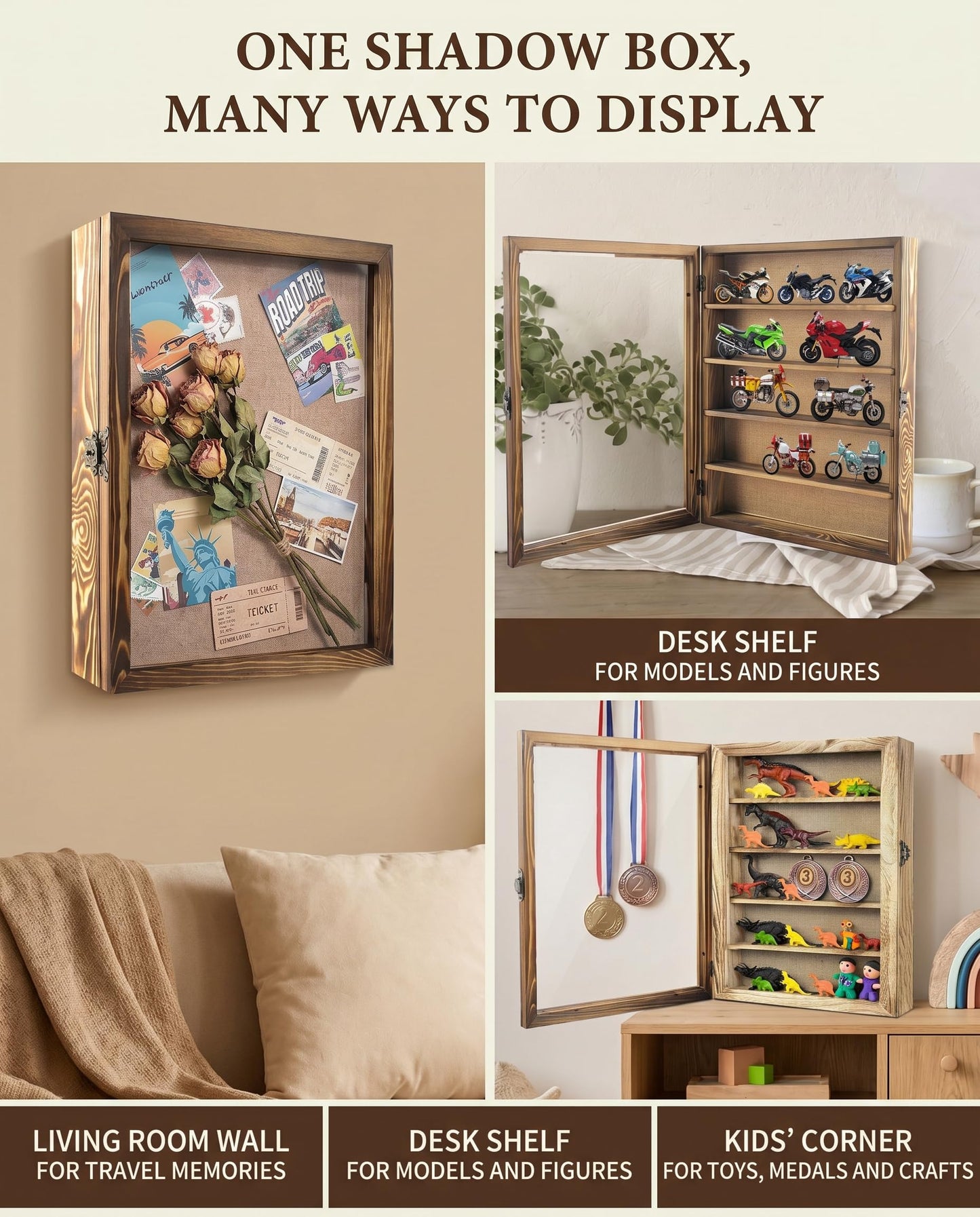 LITAITAI 14x17 Shadowbox Frame with Shelves, Deep Shadow Box Display Cases with 4 Movable Shelves,Shadow Work Journal and Workboolshadow Box for Flowers,Medals,Coins,Pictures,Weddings(Carbon)