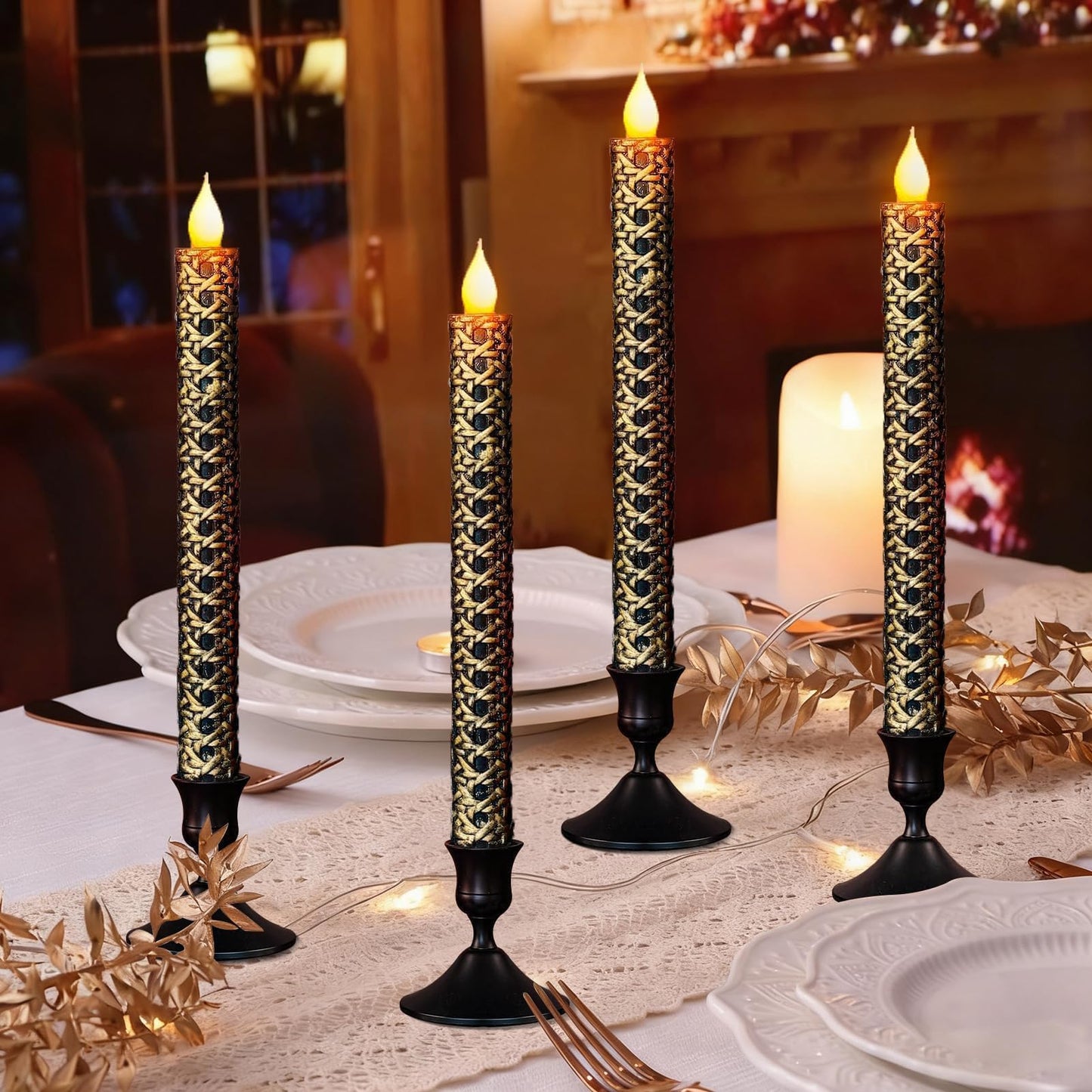 LCZLUMIPRO 6 Pcs Black and Gold Flameless Taper Candles - 9.65 Inch Battery Operated LED Candlesticks with Flickering Flame for Elegant Table, Wedding & Home Decor
