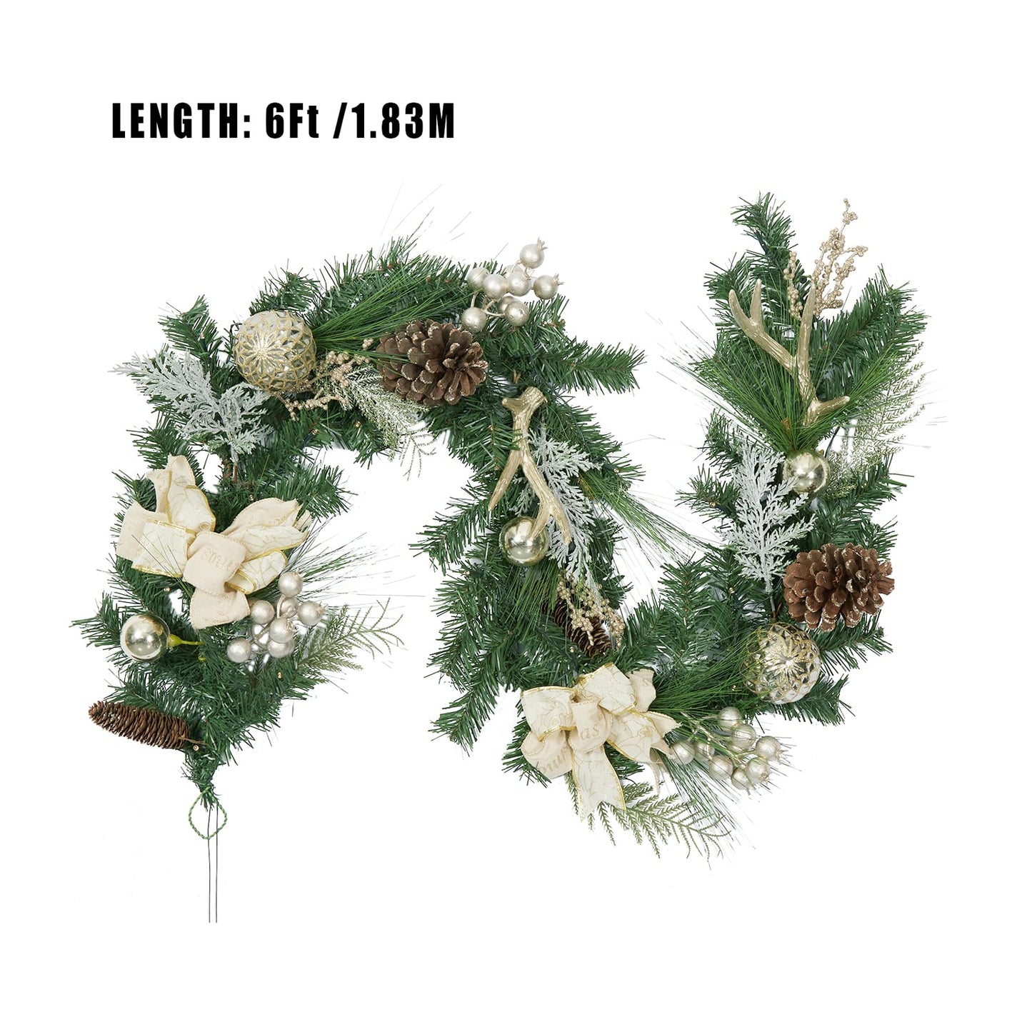 Adeeing 6 FT Christmas Garland with Lights, Pre-lit Outdoor Garland with Battery Operated 20 LED Lights, Holiday Garland with Stars, Flower, Berry Branches(Gold)