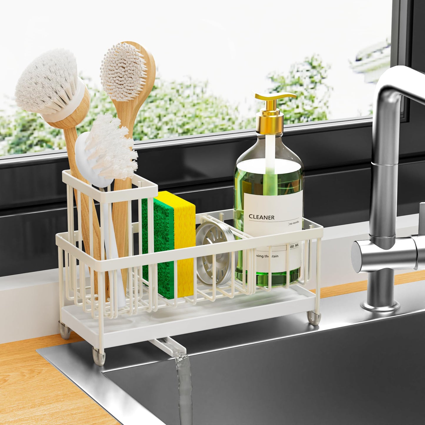 Cisily Black Sponge Holder for Kitchen Sink, Sink Caddy Organizer with High Brush Holder, Kitchen Countertop Organizers and Storage Essentials, Rustproof 304 Stainless Steel, Soap Dispenser Organize