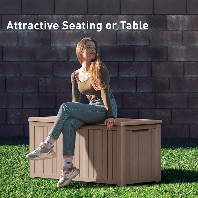 DRATO 200 Gallon Deck Box, Waterproof Resin Large Outdoor Storgae Box for Patio Furniture, Patio Cushions, Gardening Tools, Pool Supplies, Lockable（Gray，200 Gallon）