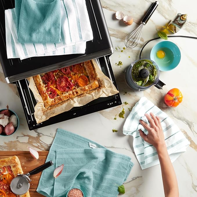 KitchenAid Albany Kitchen Towel 4-Pack Set, Mineral Water Aqua/White