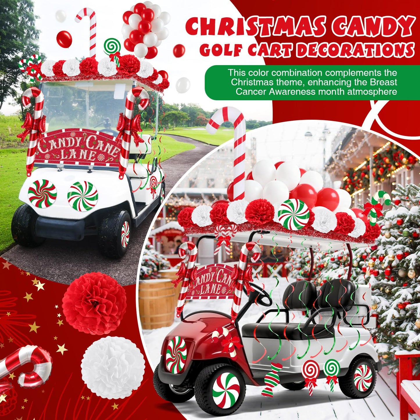 Soulchen 100 Pcs Christmas Golf Cart Decorations Xmas Candy Canes Lollipop PVC Decor Inflatable Red Tinsel Garlands Banner Red Hanging Swirls Tissue Paper Pompoms for Golf Cart Party Supplies Decor