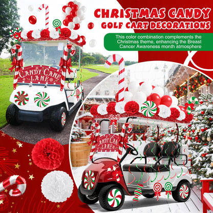 Soulchen 100 Pcs Christmas Golf Cart Decorations Xmas Candy Canes Lollipop PVC Decor Inflatable Red Tinsel Garlands Banner Red Hanging Swirls Tissue Paper Pompoms for Golf Cart Party Supplies Decor