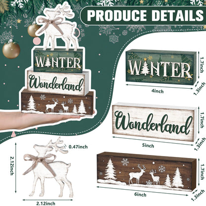 Yousoontic 4 Pcs Winter Decor Woodland Christmas Wooden Sign Blocks Table Centerpiece with Reindeer Snowflakes Trees Rustic Holiday Decorations for Farmhouse Winter Home Indoor