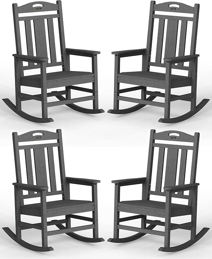 Ciokea Oversized Outdoor Rocking Chairs Set of 4, 380lbs Heavy-Duty Large Patio Rocker, High Back Cozy Porch Chairs, Weather Resistant Patio Rocking Chairs for Outside, Fire Pit, Deck, Dark Grey