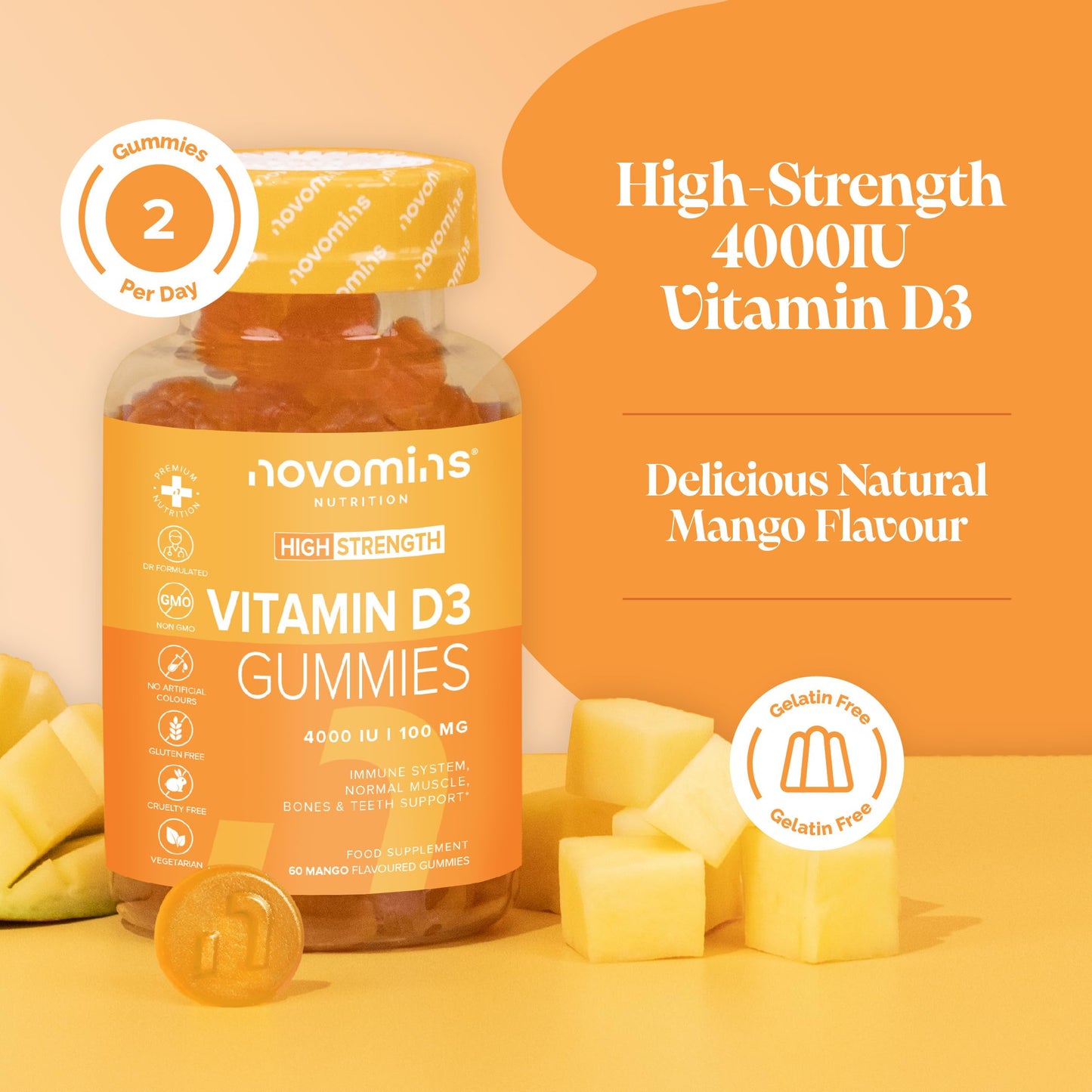Vitamin D Gummies - 4000 IU Vitamin D3 - Vegetarian & Gluten Free - VIT D Gummies for Bones & Teeth - Alternative to Vitamin D Tablets & Spray - 60 Gummies - 1 Month Supply - Novomins