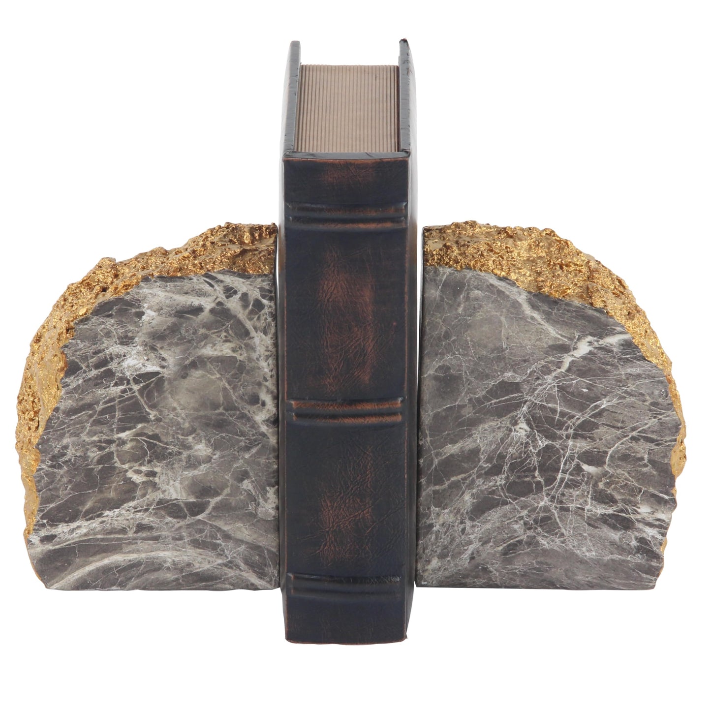 CosmoLiving by Cosmopolitan Polystone Geode Bookends with Gold Detailing, Set of 2 5"W, 7"H, Gray