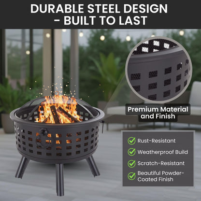 Outdoor Fire Pit - 26-Inch Round Lattice Wood Burning Firepit with Screen, Poker, Grate and Cover - Wood Fire Pits & Outdoor Fireplaces by Pure Garden