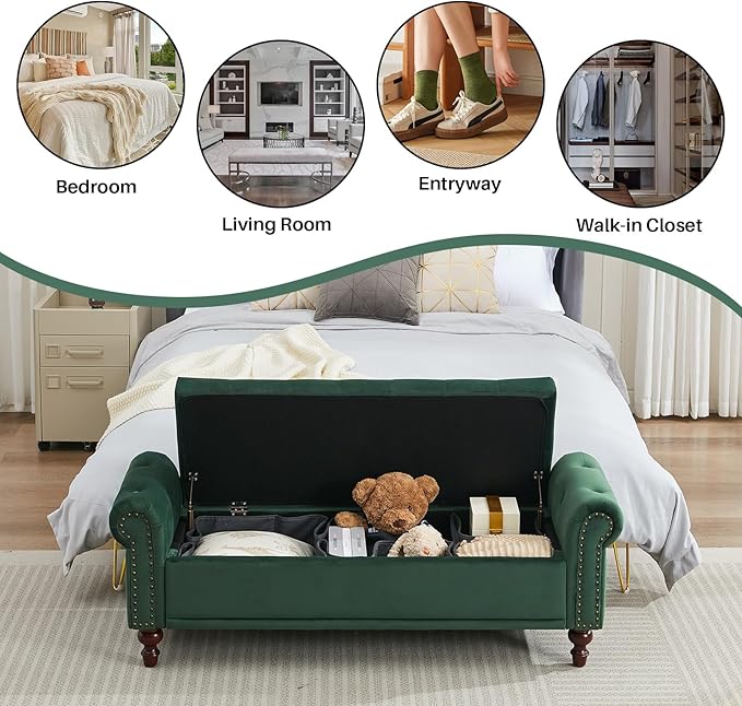 SOFTHION 58.1" Storage Bench Upholstered Velvet End of Bedroom Bed Bench Ottoman