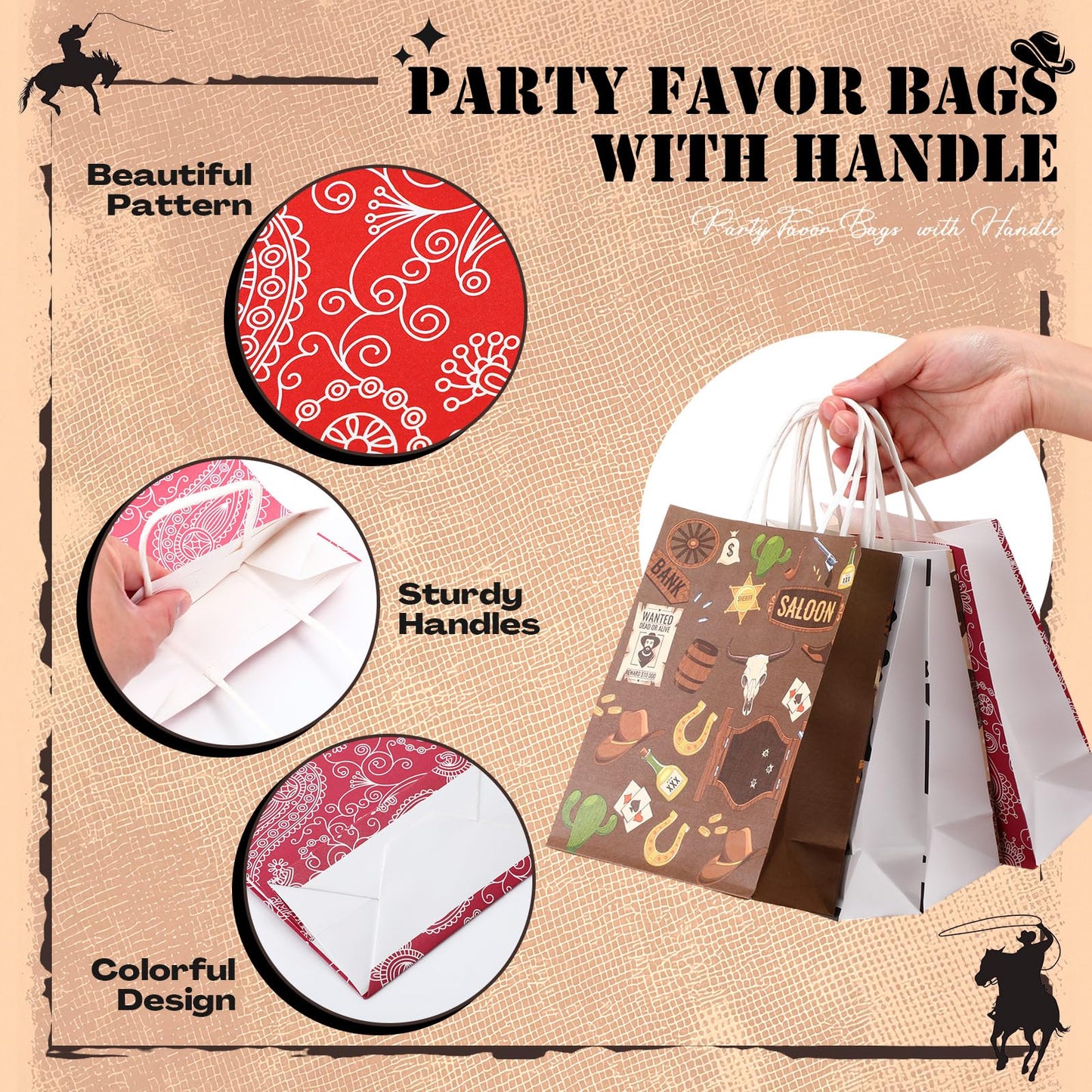 Marspark 24 Pcs Western Cowboy Party Favor Gift Bags Rustic Hat Boots Paisley Goodies Treat Paper Totes with Handle for Birthday Christmas Party, 4 Styles