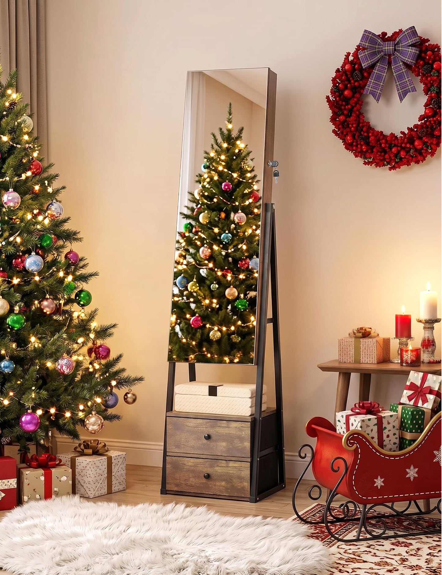 Nicetree Jewelry Cabinet,Standing Jewelry Mirror with Storage, Mirror Jewelry Armoire with 2 Drawers, Full Length Mirror with Lock, Shelf, Polishing Cloth,Wood Grain Brown