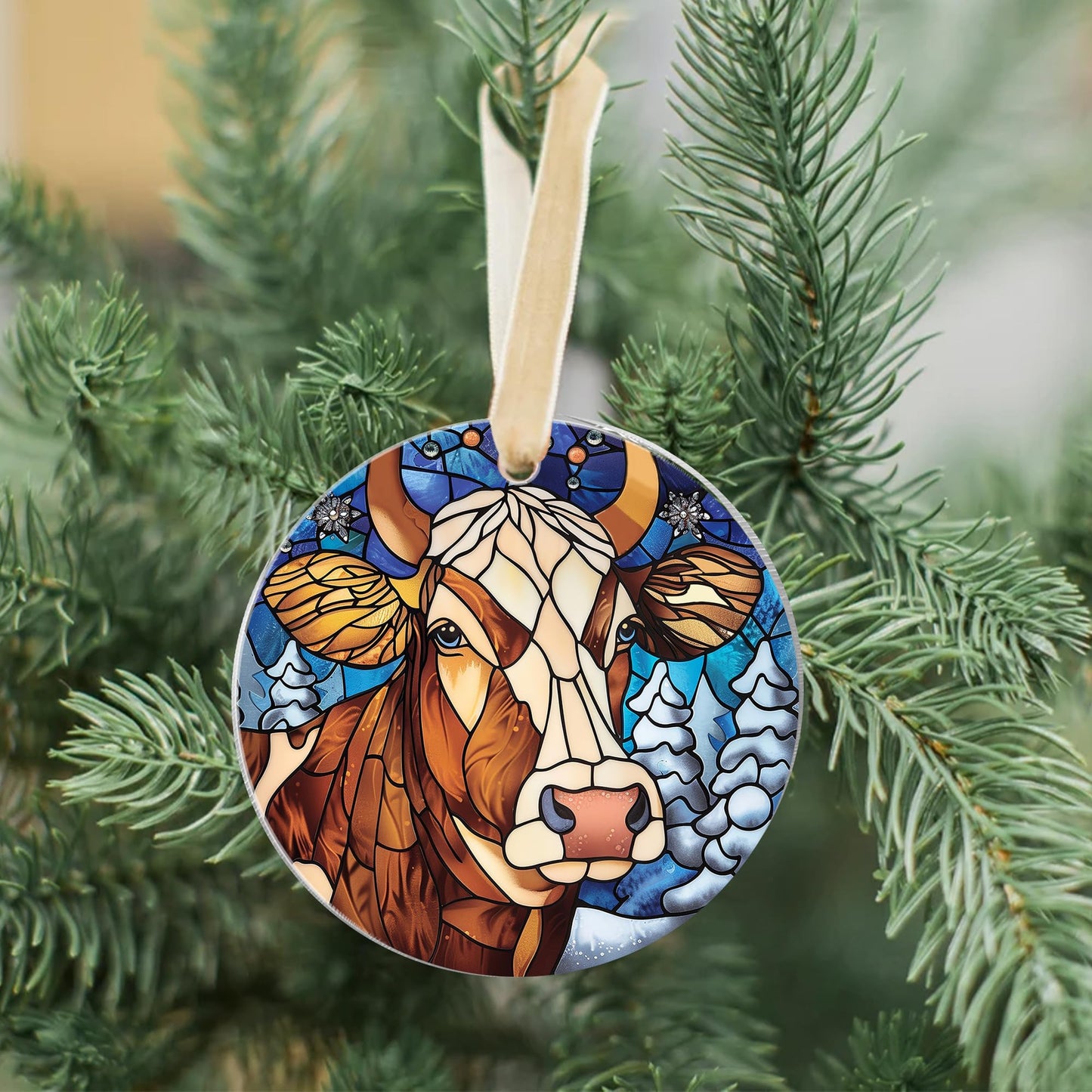 Fastpeace Dairy Cow Christmas Ornament - Stained Glass Style Cow Ornament - Perfect Hanging Decoration for Christmas Tree - Gift for Family, Friends (Cow Acrylic)