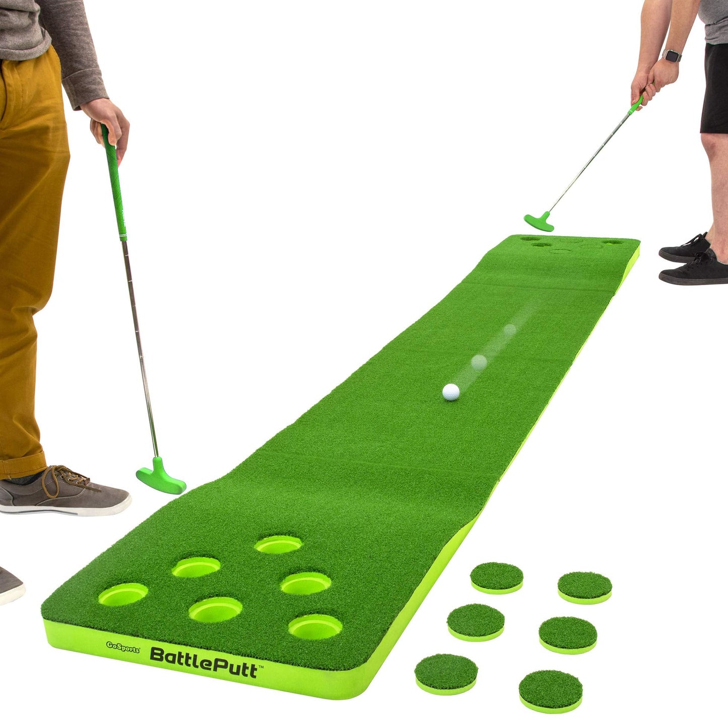 GoSports BattlePutt Golf Putting Game Set - 11 ft Backyard Putting Green Pong Style Golf Mat with 2 Putters, 2 Balls and 12 Hole Covers - Great Golfer Gift