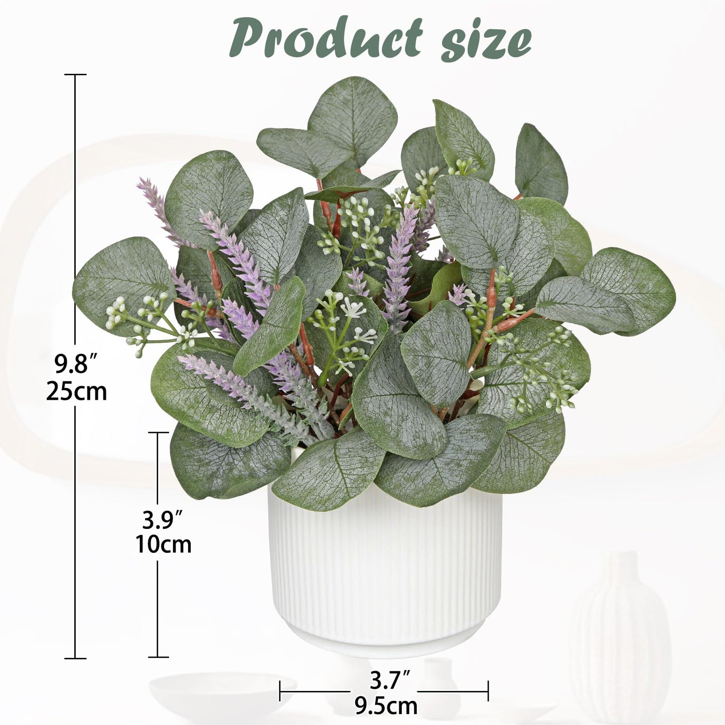 Small Artificial Plants Indoor, 9.8" Faux Eucalyptus Stems in Ceramic Pot for Table, Desk, Shelf, Fake Potted Plants Eucalyptus Leaves with Lavender for Centerpieces, Living Room, Bathroom, Bedroom