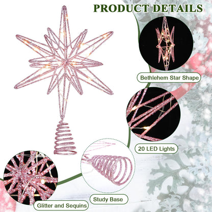 Sonwyoung Large Christmas Star Tree Topper with 20 LED Lights, Glitter Star Tree Topper Sparkle Xmas Treetop Ornament for Christmas Trees Party Holiday Decorations(13 Inch,Pink)