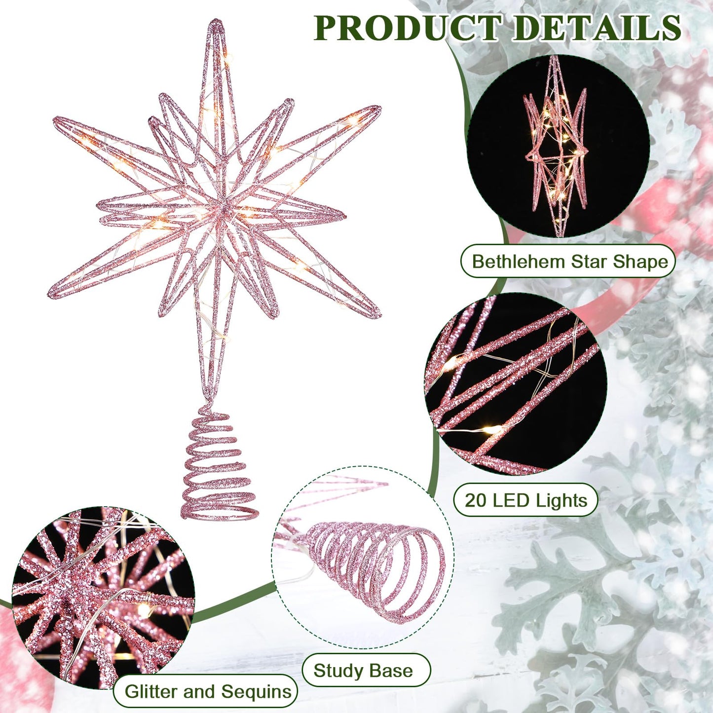 Sonwyoung Large Christmas Star Tree Topper with 20 LED Lights, Glitter Star Tree Topper Sparkle Xmas Treetop Ornament for Christmas Trees Party Holiday Decorations(13 Inch,Pink)