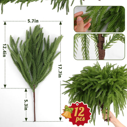 Rowfad 12 Pcs Artificial Norfolk Pine Branches, Norfolk Pine Artificial Pine Stems DIY Crafts Faux Christmas Greenary Norfolk Pine Branches for Xmas Wreath Garland Home Decor (12)