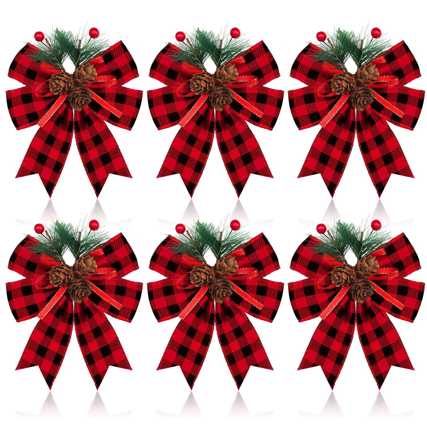 Syhood 6 Pcs Christmas Bows with Pine Cones Pine Needles Xmas Velvet Bows Black and Red Ribbon Christmas Tree Wreath Decoration for Xmas Parties Indoor Outdoor Crafts DIY Decor