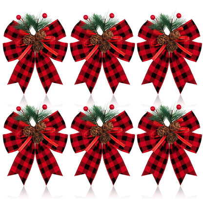 Syhood 6 Pcs Christmas Bows with Pine Cones Pine Needles Xmas Velvet Bows Black and Red Ribbon Christmas Tree Wreath Decoration for Xmas Parties Indoor Outdoor Crafts DIY Decor