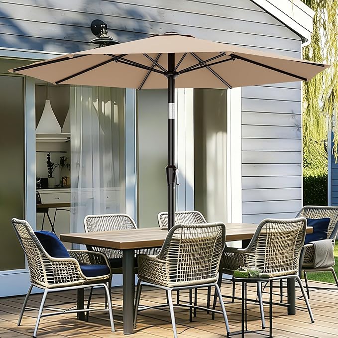 AreShark 9 FT Patio Umbrella for Outdoor, Outdoor Umbrella with Push Button Tilt and Crank, Outdoor Patio Umbrellas with 8 Sturdy Ribs for Market, Garden, Deck, Backyard, Pool (Beige)