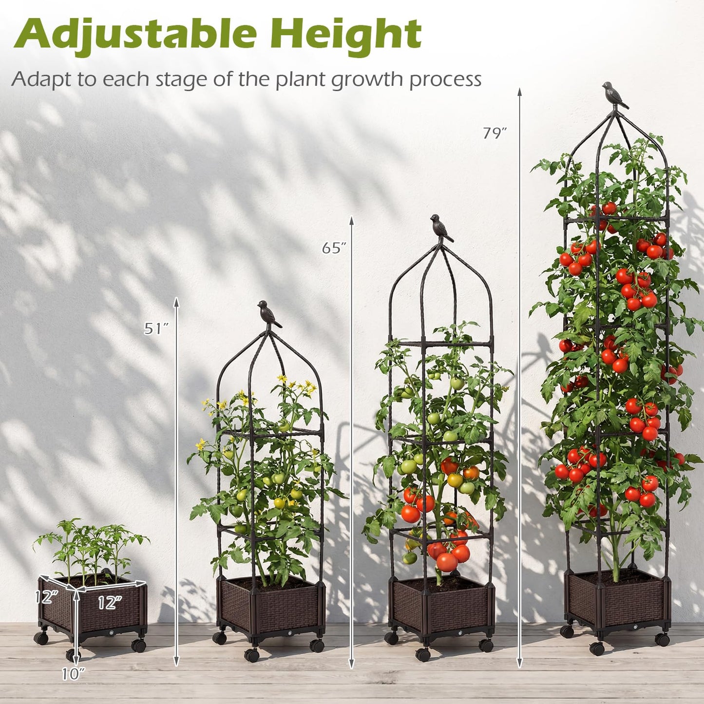 HAPPYGRILL Raised Garden Bed with Trellis, Self-Watering Tomato Cages, 83” 67” 51” Adjustable Height, Indoor Outdoor Obelisk Planter Box w/Trellis & Wheels for Climbing Plants Vines Fruits (2)