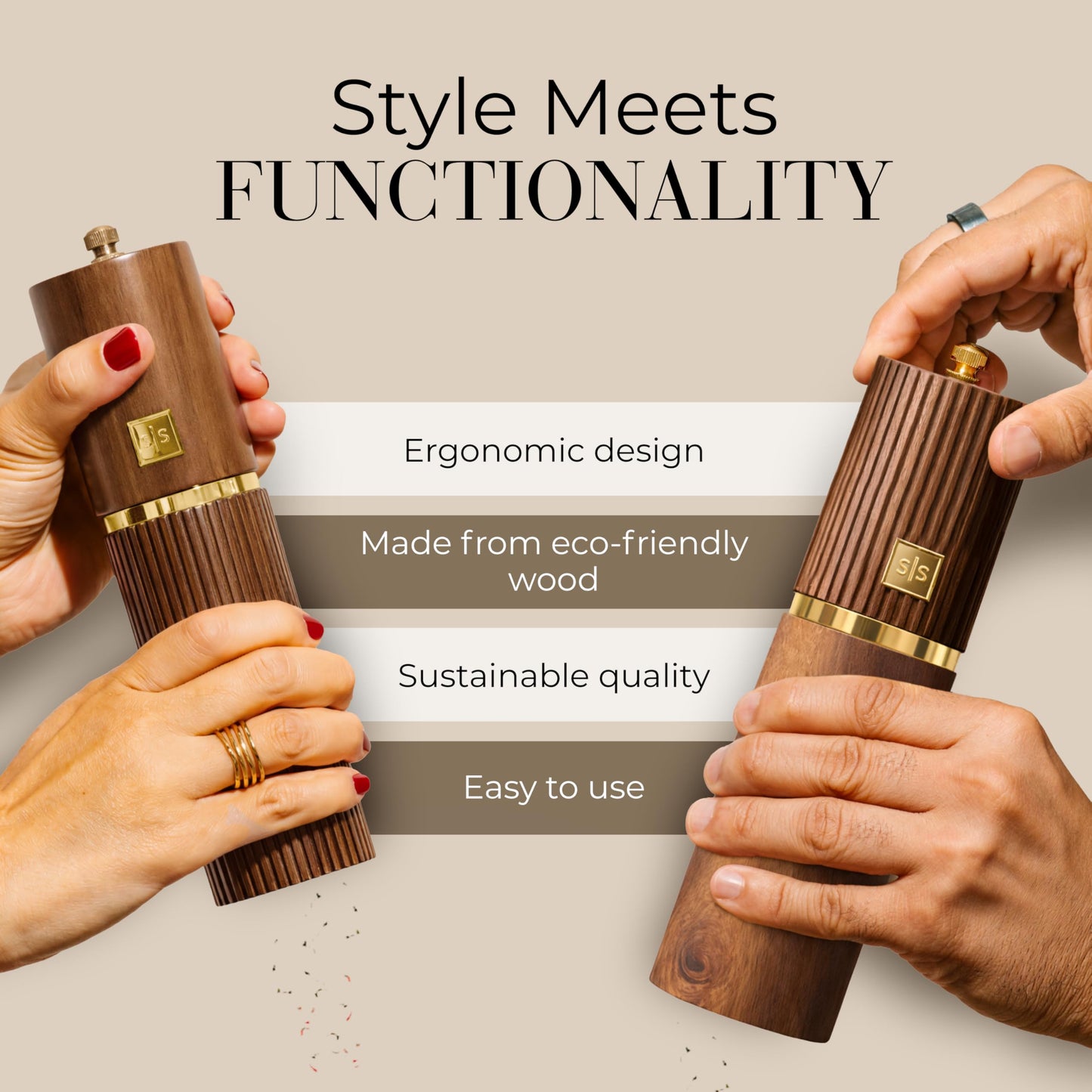 Wooden Salt and Pepper Grinder Set – Refillable Manual Salt and Pepper Mills with Adjustable Ceramic Burrs, Gold Detailing, and Wood Stand – Dark Wood