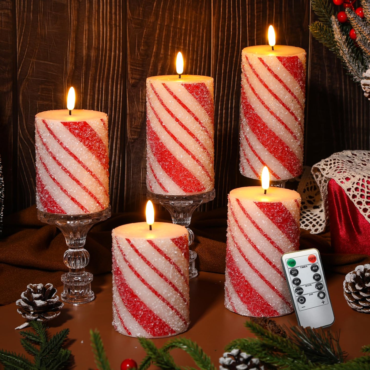 Lonfliness 5 Pcs Christmas Stripe Flameless LED Candles 6 Inch Christmas Candy Cane Candles with Sea Salt Granules Battery Operated Flickering Candlestick for Xmas Holiday Party Wedding Decor