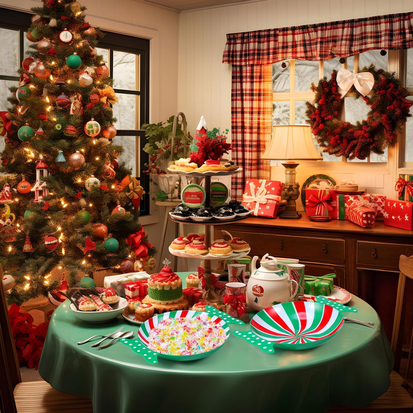 Wiwiqing 2 Pcs Christmas Peppermint Candy Tray Dishes Red Candy Platter Plastic Serving Dessert Plates Tableware Christmas Decorative Plates Dinnerware for Xmas Holiday Party Favor(Green)