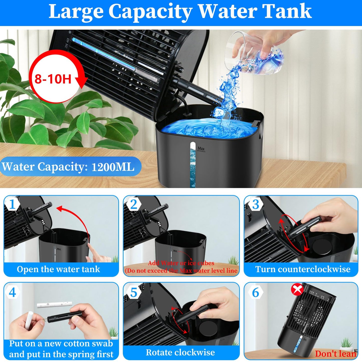 Upgraded Portable Air Conditioners- Evaporative Air Cooler,Portable AC with 3 Wind Speed & Mist, Mini Cooling Fan Personal Air Conditioner with 7 Night Light & 2-4H Timer for Bedroom Office Home-Black