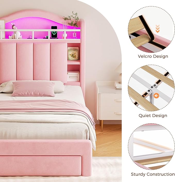 Twin LED Bed Frame with Storage Headboard & 2 Storage Drawers, Princess Velvet