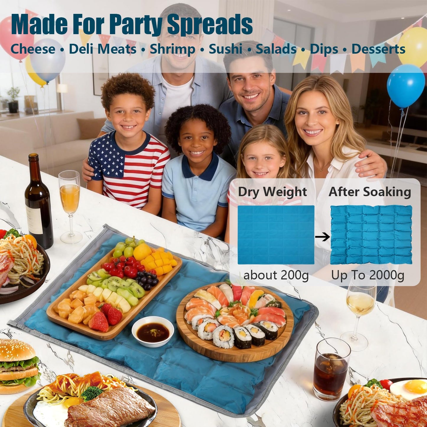 Babeezy Party Mat Chiller Foldable Reusable Cooling Mat with Sleeve, Extra-Large 45×35 cm(Soak-to-Activate) 35 Large Cells Tray Chiller for Charcuterie, Cheese, Shrimp, Sushi, Salads & Dips