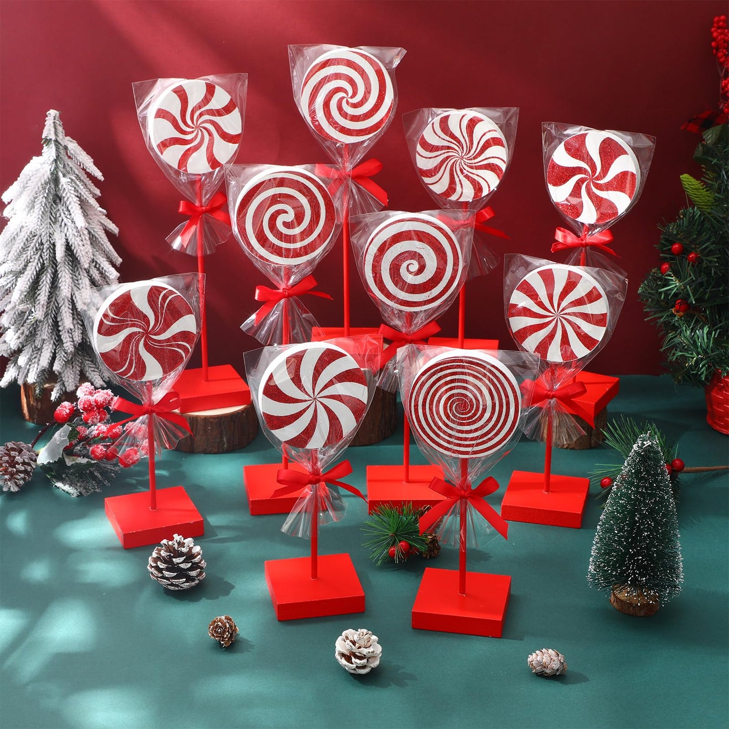 Chunful 10 Pcs Red Christmas Candy Wooden Tabletop Decor Candy Cane Christmas Decorations Table Centerpiece Sign for Xmas Tiered Tray Home Desk Office Party Decoration