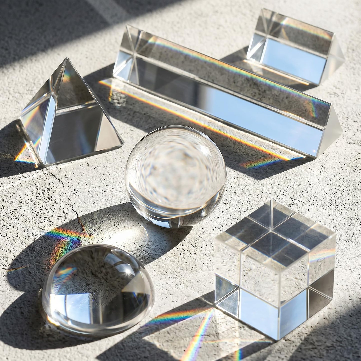 6 Pack K9 Optical Crystal Photography Prism Set Include 50mm and 150mm Clear Triangular Prism 50mm Lens Ball, Cube,Optical Pyramid and 60mm Dome Magnifying for Photography Effects Physics Optics