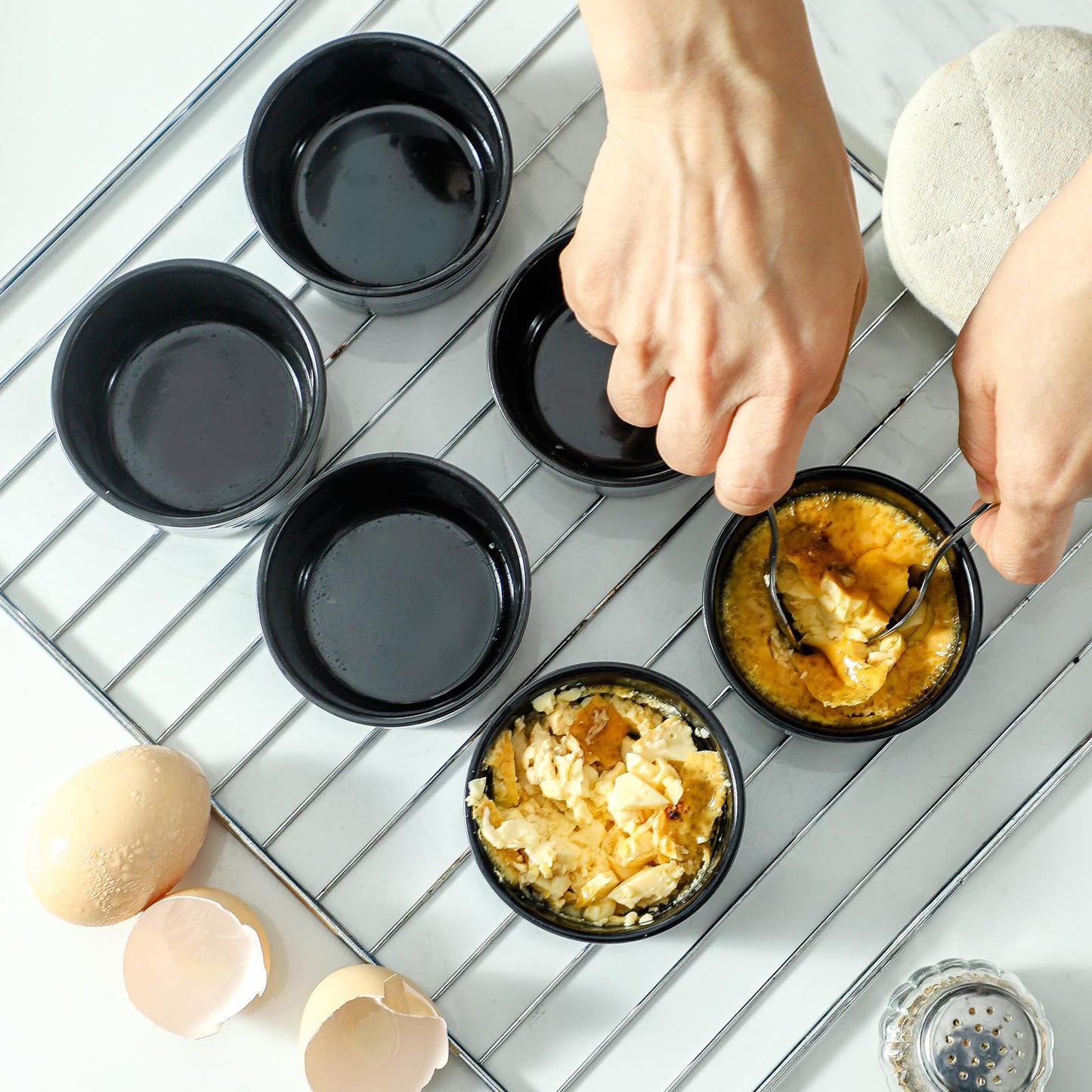 Glowworm Ceramic 4 Oz Ramekins, Dipping Sauce Bowls Set of 6, Creme Brulee Dish for Baking Pudding, Souffle, Serving Dip, Custard, Ice Cream, Oven Safe, Blue