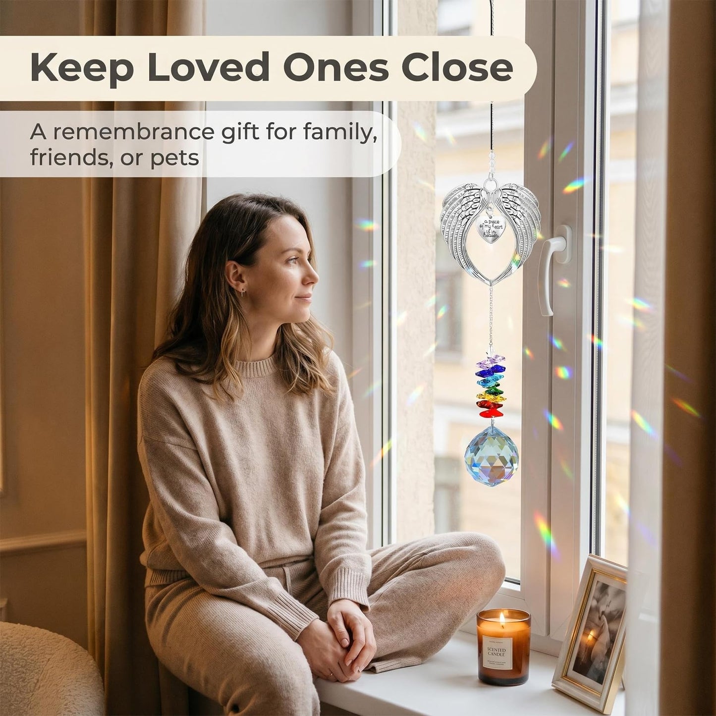Memorial Suncatcher Angel Wings with Crystal Ball, “A Piece of My Heart is in Heaven” Sympathy Gift for Loss of Loved One or Pet, Bereavement Remembrance Hanging Decor for Window 18.5 Inch
