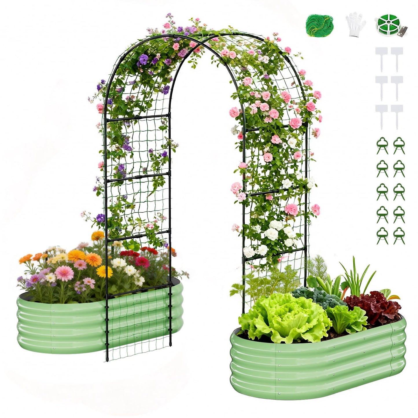 SUNYRISY Galvanized Raised Garden Bed with 87" H Arch Trellis for Climbing Plants Outdoor, Metal Planter Box with Netting for Gardening Flowers Vegetables Fruit Herb, Green