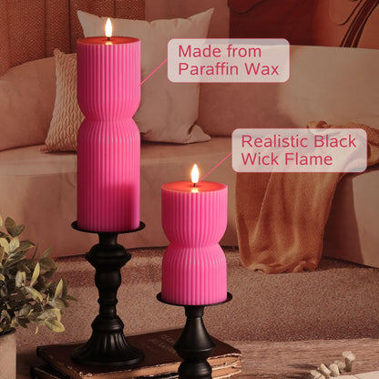 Girimax Hot Pink Ribbed Flameless Pillar Candles with Remote, Real Wax Flickering Battery LED Candles Set of 2