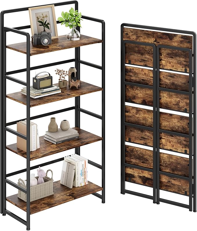 No Assembly Folding Bookshelf, 4 Tiers Collapsible Book Shelf