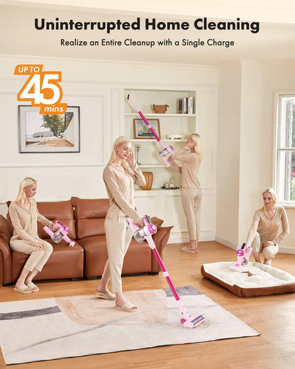 Trucozie Cordless Vacuum Cleaner, 8-in-1 Lightweight Stick Vacuum with 45mins Runtime, Powerful Suction, Rechargeable Cordless Vacuum for Carpet, Tile, Pet Hair, Hardwood Floors, Pink