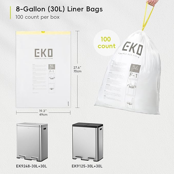 EKO 8 Gallon / 30.3 Liter, Extra-Strong Unscented Garbage Bags, Easy-Dispense